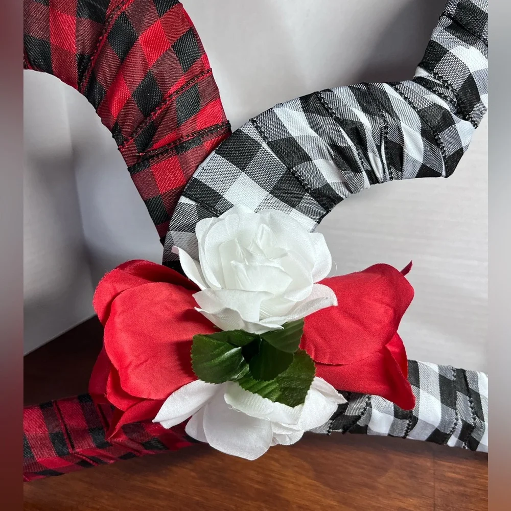 Large 24” Gingham Ribbon Wrapped Double Heart Wreath Decor Lumberjack